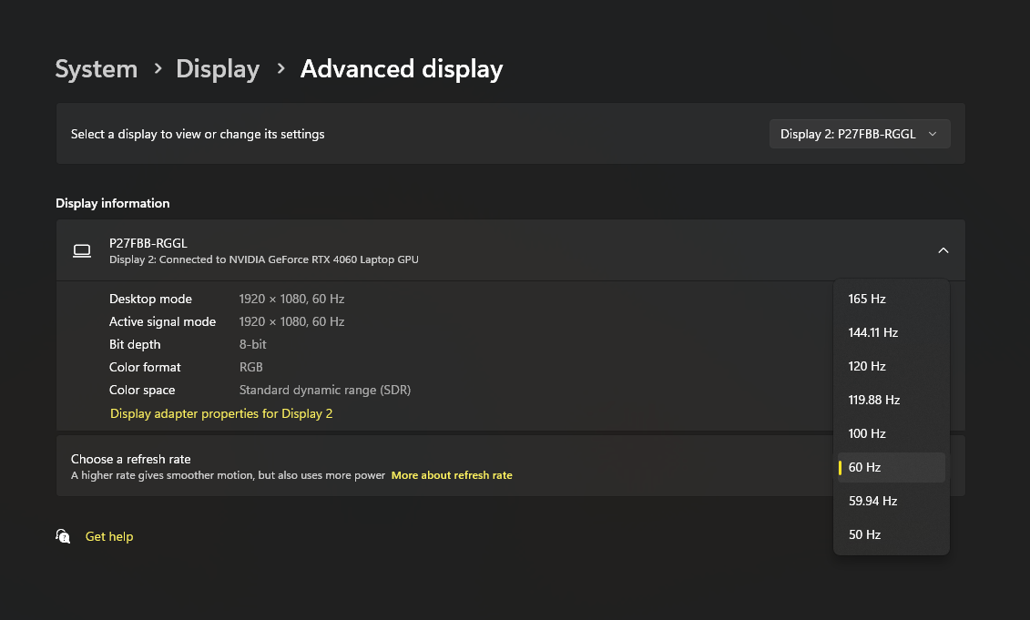 Placeholder image showing selection of the highest refresh rate